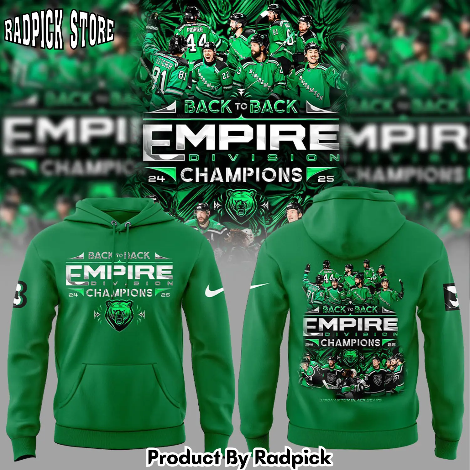 Binghamton black bears empire division champions green hoodie joggers hoodie and long pants set rp291913